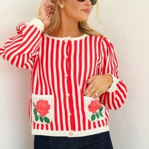 NEW Jodifl Rosalie Red and White Striped Sweater Cardigan with Floral Pockets
